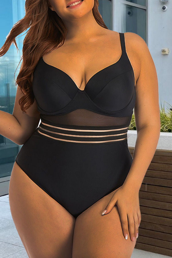 Black Sexy Solid Bandage See-through Backless Spaghetti Strap Plus Size Swimwear