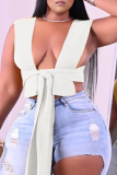 White Sexy Solid Hollowed Out V Neck Plus Size Tops