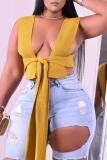 Yellow Sexy Solid Hollowed Out V Neck Plus Size Tops