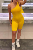 Yellow Sexy Casual Solid Backless One Shoulder Skinny Romper