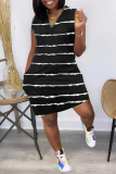 Black Fashion Casual Plus Size Striped Print Basic V Neck Vest Dress
