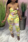 Rose Red Sexy Print Patchwork Halter Skinny Jumpsuits