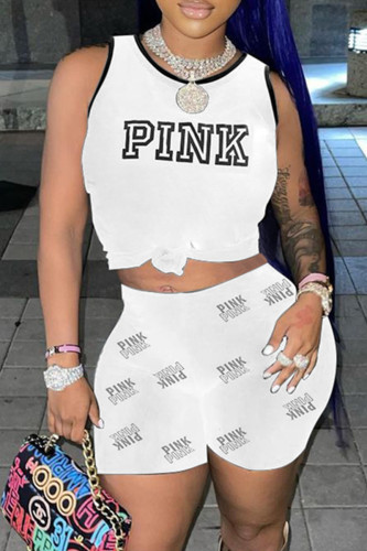 White Fashion Casual Letter Print Basic O Neck Sleeveless Two Pieces