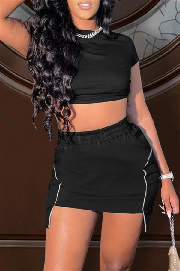 Black Fashion Casual Solid Asymmetrical O Neck Short Sleeve Two Pieces