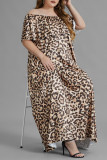 Leopard Print Fashion Plus Size Leopard Printing Off the Shoulder Short Sleeve Dress Plus Size
