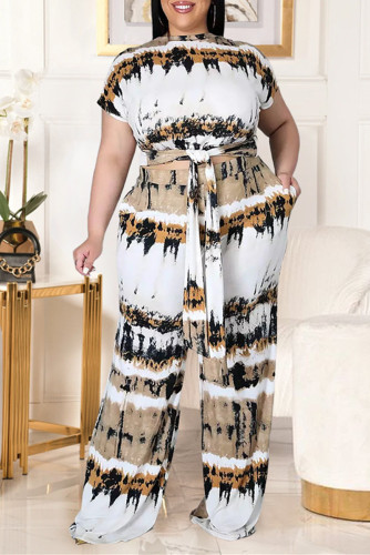 Yellow Fashion Casual Print Basic O Neck Plus Size Two Pieces