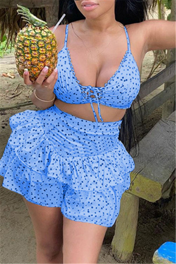 Light Blue Sexy Casual Dot Print Backless Halter Sleeveless Two Pieces Swimwear