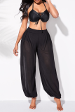 Black Sexy Solid High Opening Mesh Harlan Mid Waist Solid Color Bottoms（without underpants）