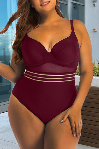 Purplish Red Sexy Solid Bandage See-through Backless Spaghetti Strap Plus Size Swimwear