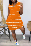 Orange Fashion Casual Plus Size Striped Print Basic V Neck Vest Dress
