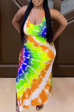 Blue Sexy Casual Print Tie Dye Slit U Neck Vest Dress