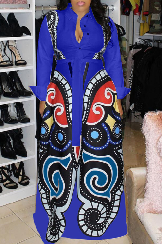 Royal blue Casual Printed Loose Blending Floor Length Dress