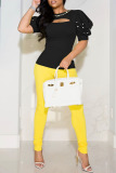 Yellow Fashion Solid Hollowed Out Pearl O Neck T-Shirts