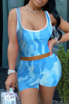 Sky Blue Fashion Casual Print Vests U Neck Sleeveless Two Pieces