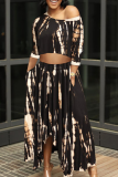 Black Casual Print Patchwork One Shoulder Half Sleeve Two Pieces
