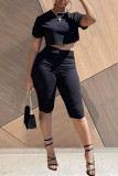 Black Fashion Casual Solid Fold O Neck Short Sleeve Two Pieces