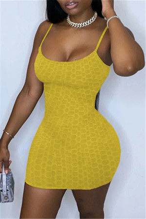 Yellow Fashion Sexy Solid Backless Spaghetti Strap Sleeveless Dress