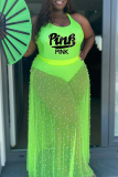 Green Sexy Print Beading Mesh U Neck A Line Plus Size Two Pieces