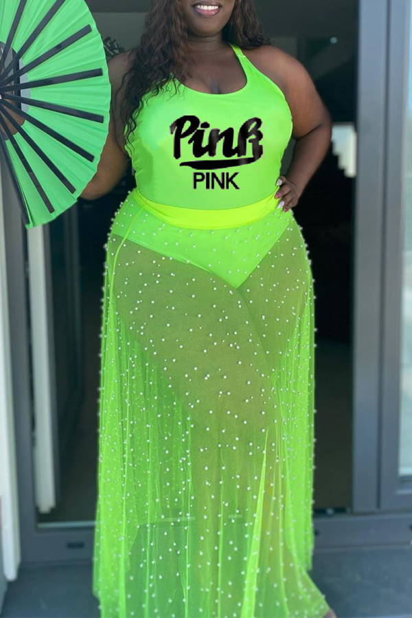 Green Sexy Print Beading Mesh U Neck A Line Plus Size Two Pieces