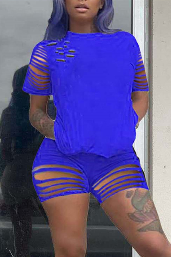 Blue Fashion Casual Short Sleeve Shorts Set