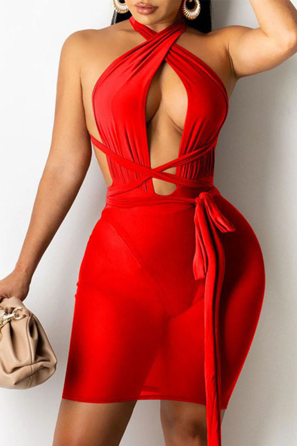 Red Sexy Solid Patchwork Asymmetrical Mesh Wrapped Skirt Dresses