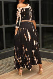 Black Casual Print Patchwork One Shoulder Half Sleeve Two Pieces