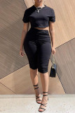 Black Fashion Casual Solid Fold O Neck Short Sleeve Two Pieces