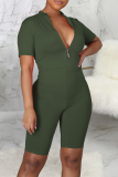 Green Sexy Solid Patchwork Zipper Collar Skinny Rompers