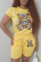 Yellow Casual Animal Print Patchwork O Neck Short Sleeve Two Pieces