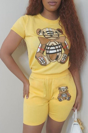 Yellow Casual Animal Print Split Joint O Neck Short Sleeve Two Pieces
