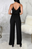 Blue Casual Solid Split Joint Spaghetti Strap Regular Jumpsuits