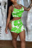 Green Sexy Print Hollowed Out Backless Spaghetti Strap Sleeveless Two Pieces