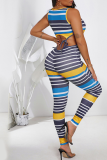 Blue Casual Striped Patchwork O Neck Sleeveless Two Pieces