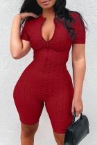 Burgundy Casual Solid Zipper O Neck Skinny Jumpsuits