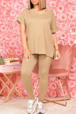 Camel Fashion Casual Solid Beading V Neck Short Sleeve Two Pieces