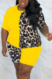 Black Fashion Leopard Print T-shirt Shorts Plus Size Set