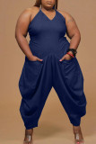 Dark Blue Fashion Casual Solid Backless V Neck Plus Size Jumpsuits