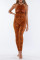 Tangerine Red Fashion Sexy Print Hollowed Out Backless Halter Skinny Jumpsuits