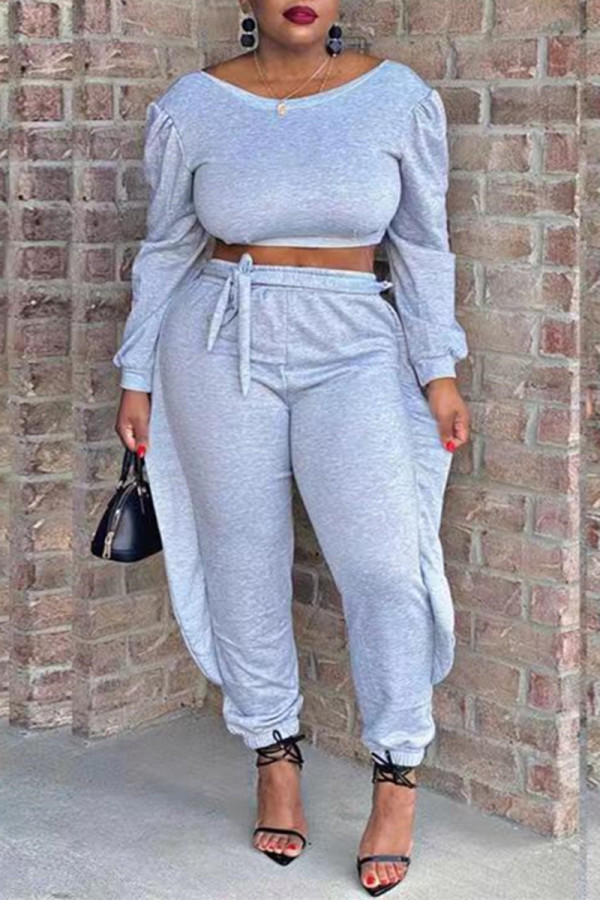 Grey Fashion Casual Solid Patchwork O Neck Long Sleeve Two Pieces