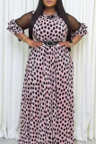 Light Yellow Sweet Print Patchwork O Neck A Line Plus Size Dresses