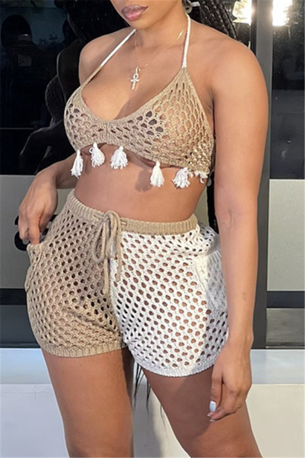 Light Khaki Sexy Patchwork Tassel Hollowed Out See-through Backless Halter Sleeveless Two Pieces