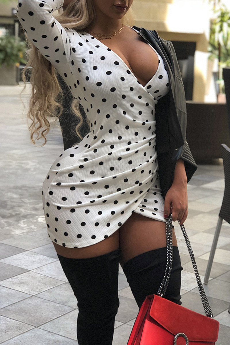 

White Fashion Casual Dot Print Asymmetrical V Neck Long Sleeve Dresses