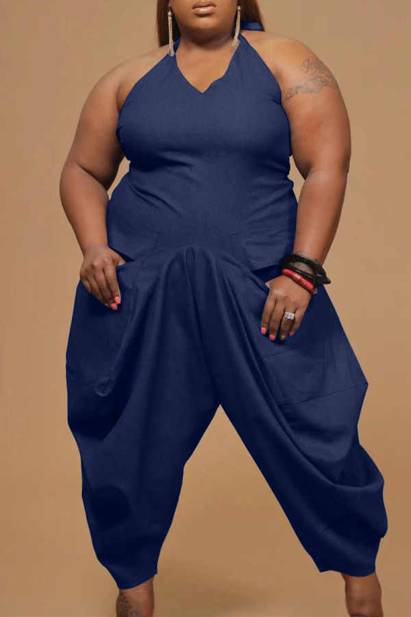 Dark Blue Fashion Casual Solid Backless V Neck Plus Size Jumpsuits