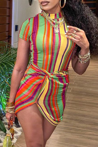 Multicolor Fashion Striped Print Asymmetrical Half A Turtleneck Short Sleeve Dress