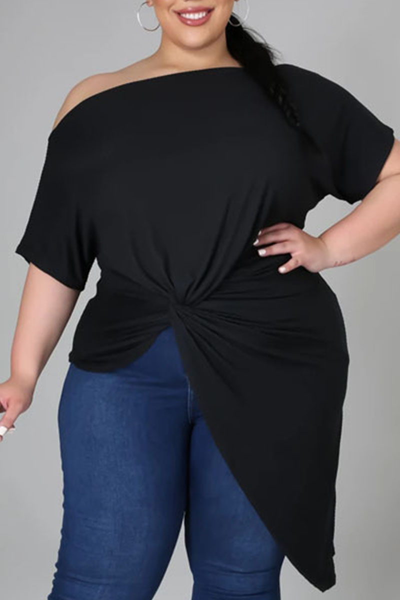 Black Casual Solid Patchwork Fold O Neck Asymmetrical Plus Size Tops