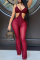 Red Fashion Sexy Patchwork See-through Backless Spaghetti Strap Regular Jumpsuits