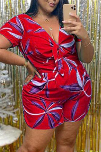 Red Fashion Casual Print Basic V Neck Plus Size Short Sleeve Romper
