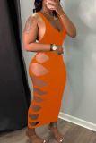 Orange Sexy Solid Hollowed Out Patchwork Knotted U Neck Two Pieces