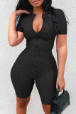 Black Casual Solid Zipper O Neck Skinny Rompers