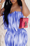 Blue Fashion Sexy Plus Size Print Bandage Backless Halter Sleeveless Dress